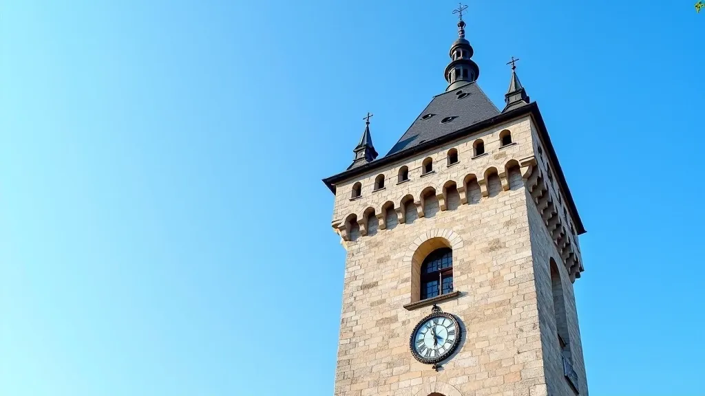 Středověká věž v Telči s hodinami a historickým zvonem, detail architektury s vyzdobeným štítem