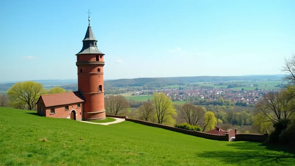 Vzdálený pohled na červenou střechu historické věže v centru malebného města, obklopeného zelením a krajinou pod modrou oblohou