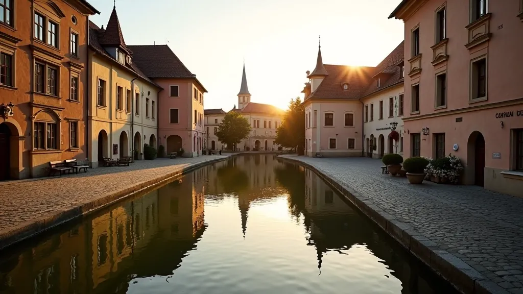 Stará Telč se starou věží odrážející se v tichém rybníku při východu slunce