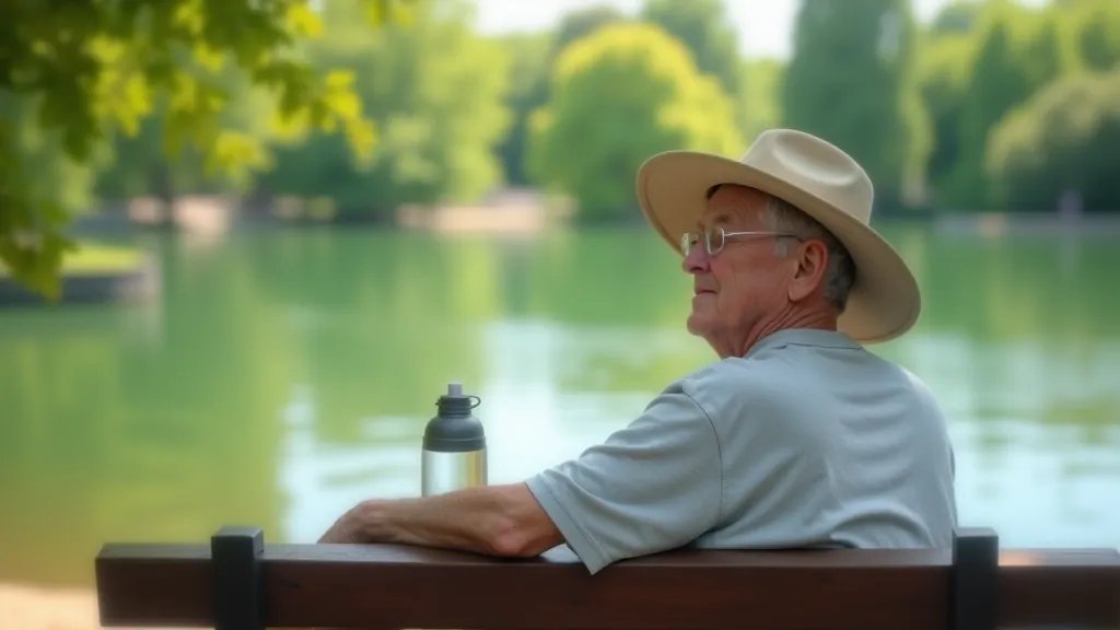 Starší osoba v klobouku s lahví vody a batohem, sedí na lavičce u rybníka a kouká do dálky