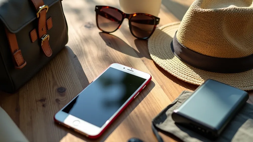Sada osobních věcí pro procházku - telefon, sluneční brýle, klobúk a malý power bank